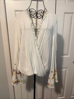 White Embroidered Wrap Blouse with Bell Sleeves